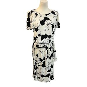 Vintage Deadstock 90s Black White Rose Midi Dress Flutter Sleeve Statement Sz M